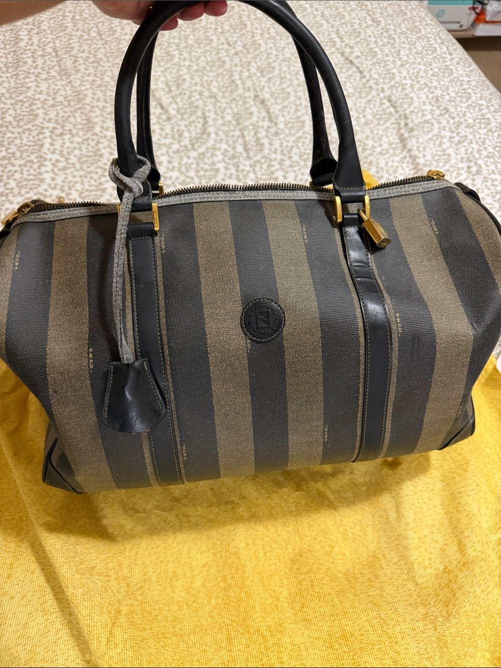 Fendi Black & Brown Striped Leather-Trim Duffel Bag - Picture 2 of 10
